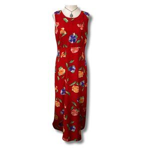 KATHIE LEE Red floral print long dress ~ Vintage SMALL MEDIUM maxi sundress